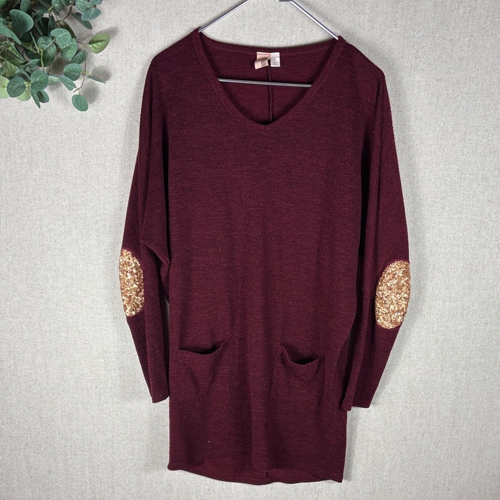 Anthropologie Burgundy Tunic with Gold Sequin Elbow Patches